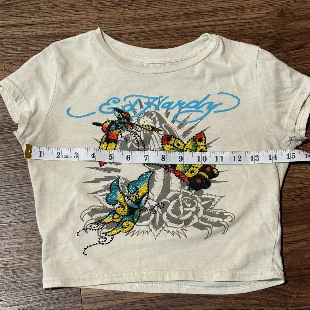Ed Hardy True Eagle Rhinestone Natural Crop T-Shirt Cream Size Small